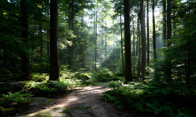 Obraz premium Peaceful dense pine forest with sunlight filtering through tall trees lush green moss and undergrowth serene natural woodland atmosphere. generative aI