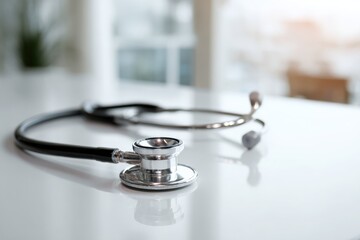 Medical Stethoscope on White Table, Healthcare, Diagnosis, Close-up.