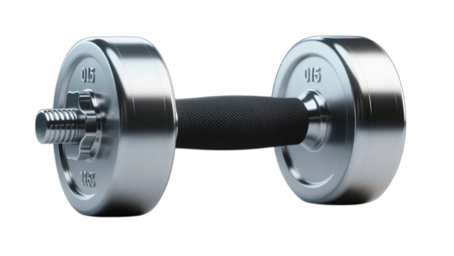 A single shiny chrome dumbbell with a black grip for weightlifting, isolated on a pure white background, symbolizing fitness, strength training, and a healthy lifestyle