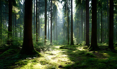 Peaceful dense pine forest with sunlight filtering through tall trees lush green moss and undergrowth serene natural woodland atmosphere. generative aI