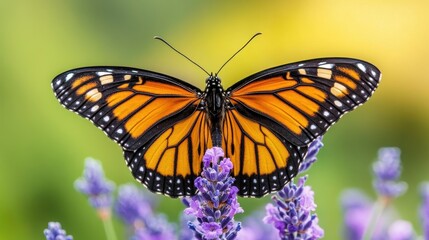 Naklejka premium Vibrant Monarch Butterfly on Lavender Flower in a Natural Setting