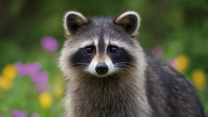 Fototapeta premium Curious raccoon foraging in wildflower meadow under soft light, gentle mood, close view with vivid color and natural bokeh