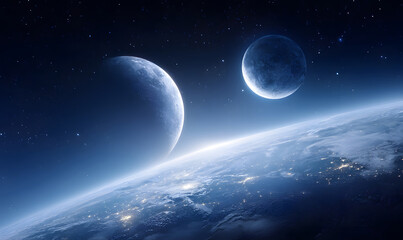 Fototapeta premium Harmonious cosmic view of Earth and Moon shining brightly against a star-filled deep space backdrop showcasing celestial beauty and vast universe. generative aI