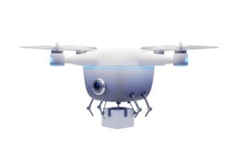 White drone delivering package with futuristic blue lights