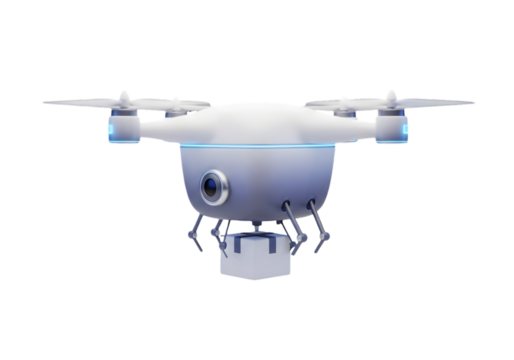 White drone delivering package with futuristic blue lights