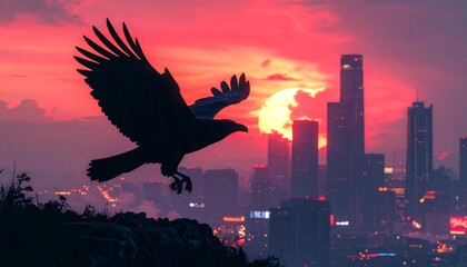Silhouette of a bird in flight over a city at sunset