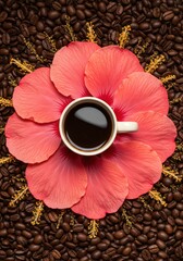 A cup of coffee on a pink hibiscus flower surrounded by coffee beans in a close up top down view