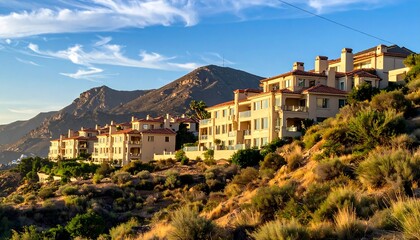Obraz premium A hillside community of light beige apartment buildings sits nestled against a backdrop of mountain peaks under a partly cloudy sky.