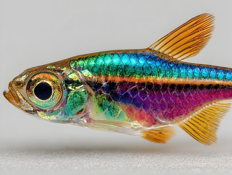 Close up macro view of colorful rainbow tetra fish scales and fins against simple white background surface.