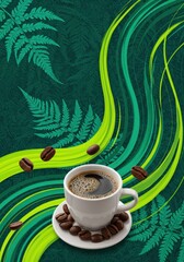 A cup of coffee with beans on a saucer with green ferns and flowing green and yellow lines behind it