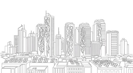 Line Drawing of Modern City Skyline with Tall Skyscrapers and Green Rooftop Gardens