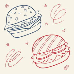 Two outlined burgers one in blue and one in red with swirls and a plus sign on a cream background