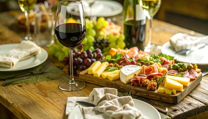 A festive dining table laden with a charcuterie board, wine glasses, and fruits