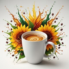 White mug of coffee with latte art surrounded by sunflowers and coffee beans on white background