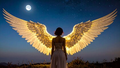 Woman with angel wings at night