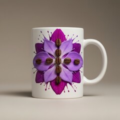 A white mug decorated with purple flower petals and coffee beans arranged in a symmetrical pattern