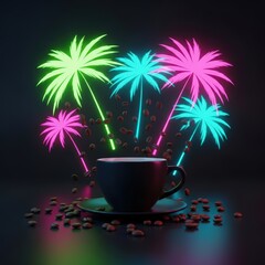 A coffee cup with neon fireworks and falling coffee beans on a dark reflective surface scene render