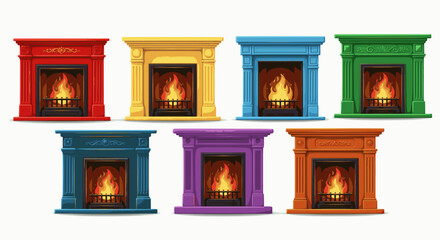 Stylized cartoon illustrations of brick fireplaces, each with a roaring fire and logs. With variations in brick color and design, the image offers a clean, graphic representation of a home's hearth.