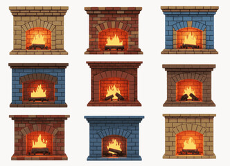 Stylized cartoon illustrations of brick fireplaces, each with a roaring fire and logs. With variations in brick color and design, the image offers a clean, graphic representation of a home's hearth.