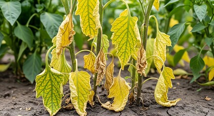 Yellowed and withered leaves on tomato plants, indicating potential stress or disease.  A close-up view of wilting foliage in a garden setting.