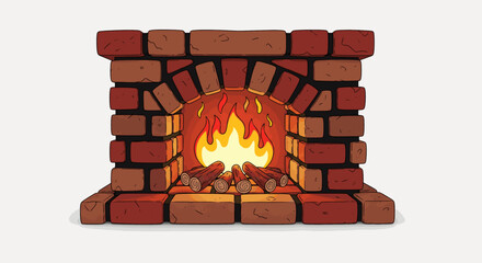 A stylized cartoon illustration of a cozy brick fireplace with a roaring fire and glowing logs. This simple, clean graphic beautifully embodies themes of warmth, comfort, and cozy domestic life.