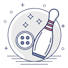 Illustration of a bowling pin, a button, and decorative elements inside a circular shape design