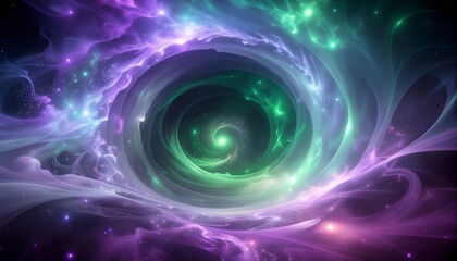 Vibrant swirling nebula with shades of purple and green, creating a cosmic vortex.