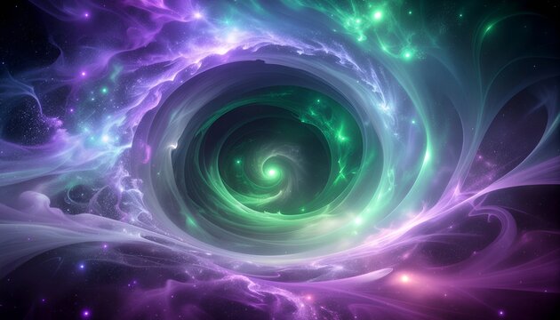 Vibrant swirling nebula with shades of purple and green, creating a cosmic vortex.