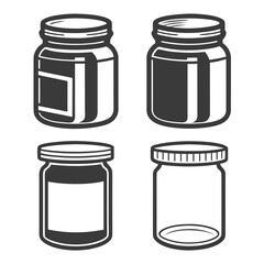Collection of four mason jars with different designs showcasing canning and storage solutions in black and white