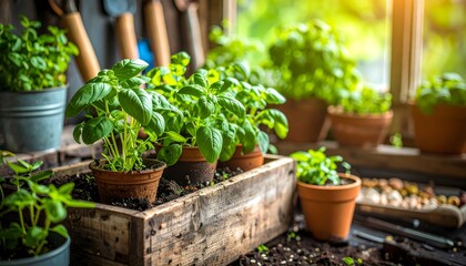 Indoor gardening featuring vibrant basil plants on a sunlit window sill