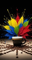 A cup of coffee with colorful paint splashes and coffee beans on a dark background illustration