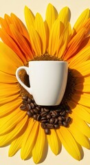 A white coffee cup on a sunflower with coffee beans against a light yellow background view from above