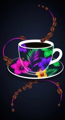 A floral patterned coffee cup with beans forming a circular arc on a dark background design art