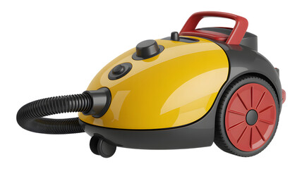 Fototapeta premium Yellow and Gray Canister Vacuum Cleaner on Black Background Close Up