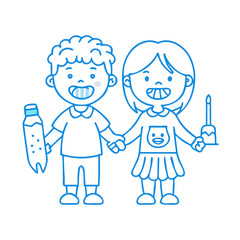 Teeth cleaning concept in thin line style for kids. Two happy tooth, boy and girl, are holding hands with toothpaste and brush and smiling. Vector ... See More