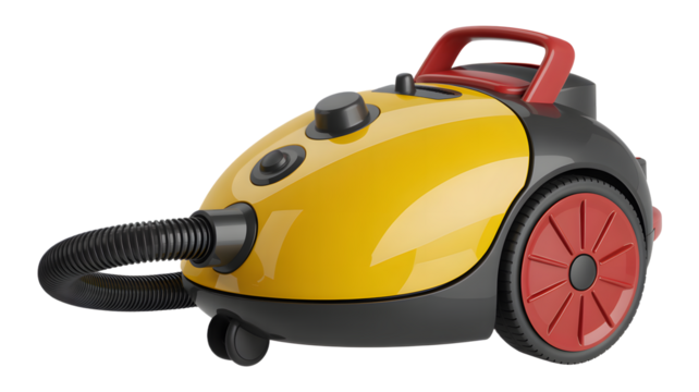 Yellow and Gray Canister Vacuum Cleaner on Black Background Close Up