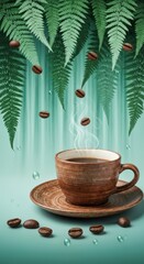 A cup of coffee with falling coffee beans and ferns against a teal background with water droplets