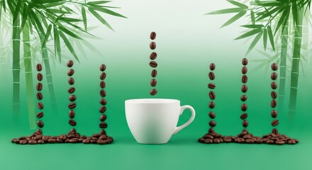 Coffee beans falling into a white cup with bamboo leaves in a green and white gradient background