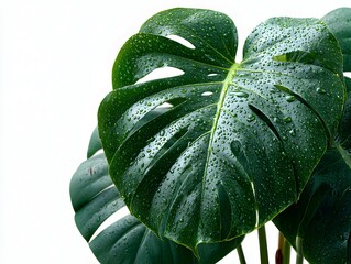Obraz premium A vibrant monstera deliciosa leaf glistens with fresh water droplets against a clean, bright white background.
