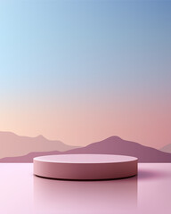 display podium soft pink reflective surface tranquil mountain background gradient sky dreamy pastel landscape product mockup template design showcase modern branding minimal