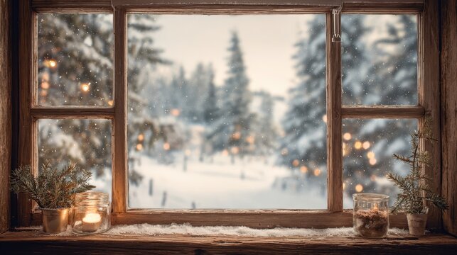 Cozy Winter Scene: Snowy Forest View Through Rustic Window with Candlelight