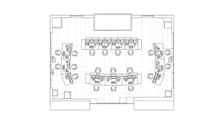 Modern Conference Room with Multiple Workstations and Central Meeting Area