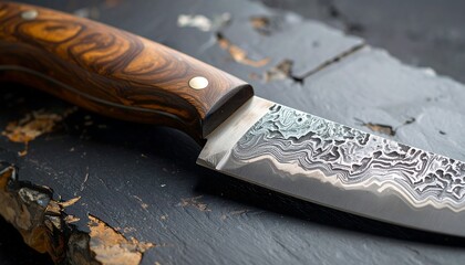 Close-up of a handcrafted knife with a wooden handle and a damascus steel blade resting on a dark stone surface © ooya