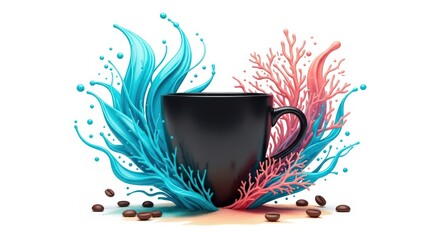A black coffee cup surrounded by blue splashes and pink coral with scattered coffee beans around
