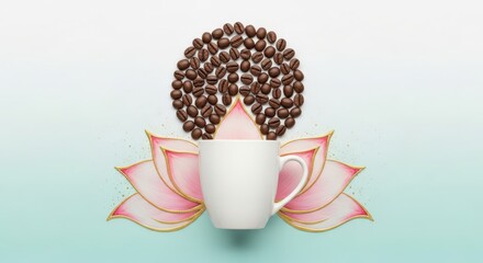 A white mug on a pink lotus flower with coffee beans arranged above it in a semi circular shape