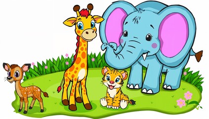 Naklejka premium Cartoon animals on green grass with flowers giraffe