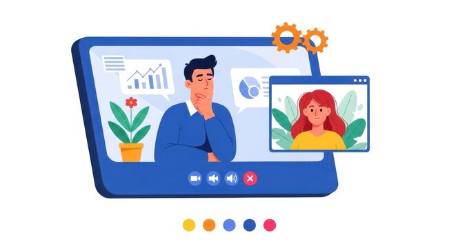 A man on a video call looks thoughtfully at charts and graphs on his computer screen