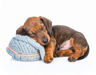 Obraz premium A cute brown and black dachshund puppy sleeping peacefully on a soft blue pillow against a white background.