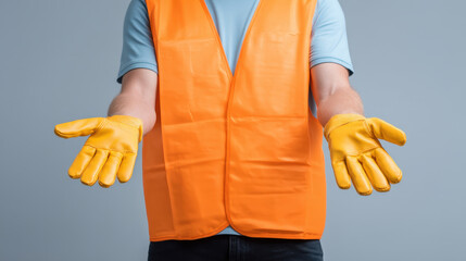 Person wearing orange reflective safety vest and yellow gloves, arms extended forward