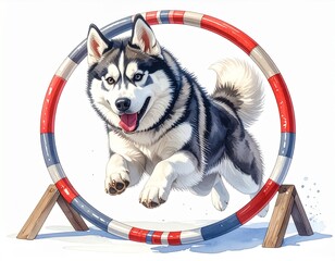 A happy Siberian Husky dog joyfully jumping through an agility hoop in a watercolor illustration.